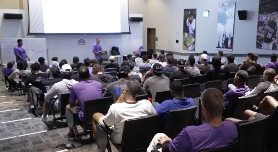 Doug Bernier leading a classroom session for Rockies position players during Instructional League