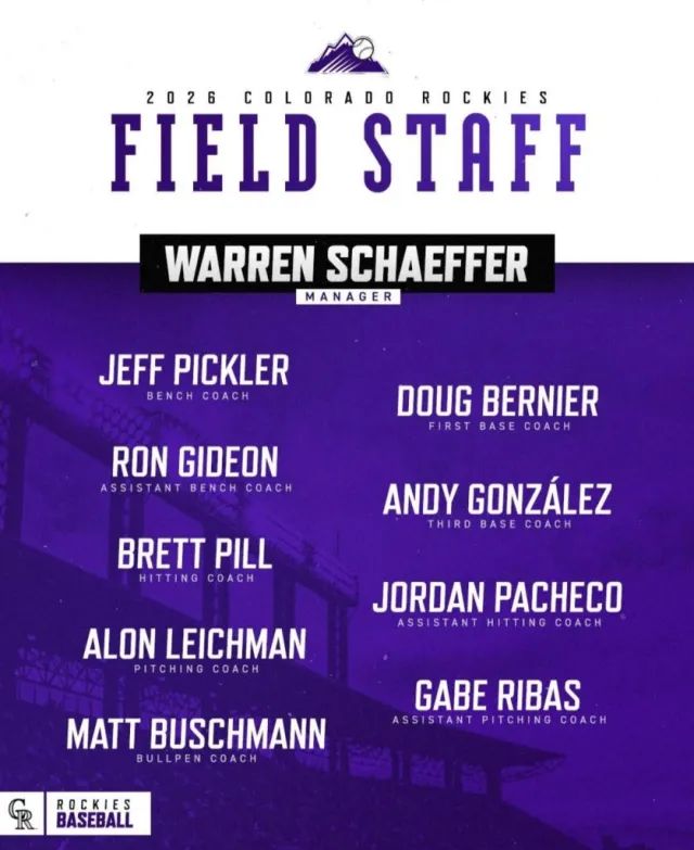 Colorado Rockies 2026 field staff graphic listing Doug Bernier as First Base Coach